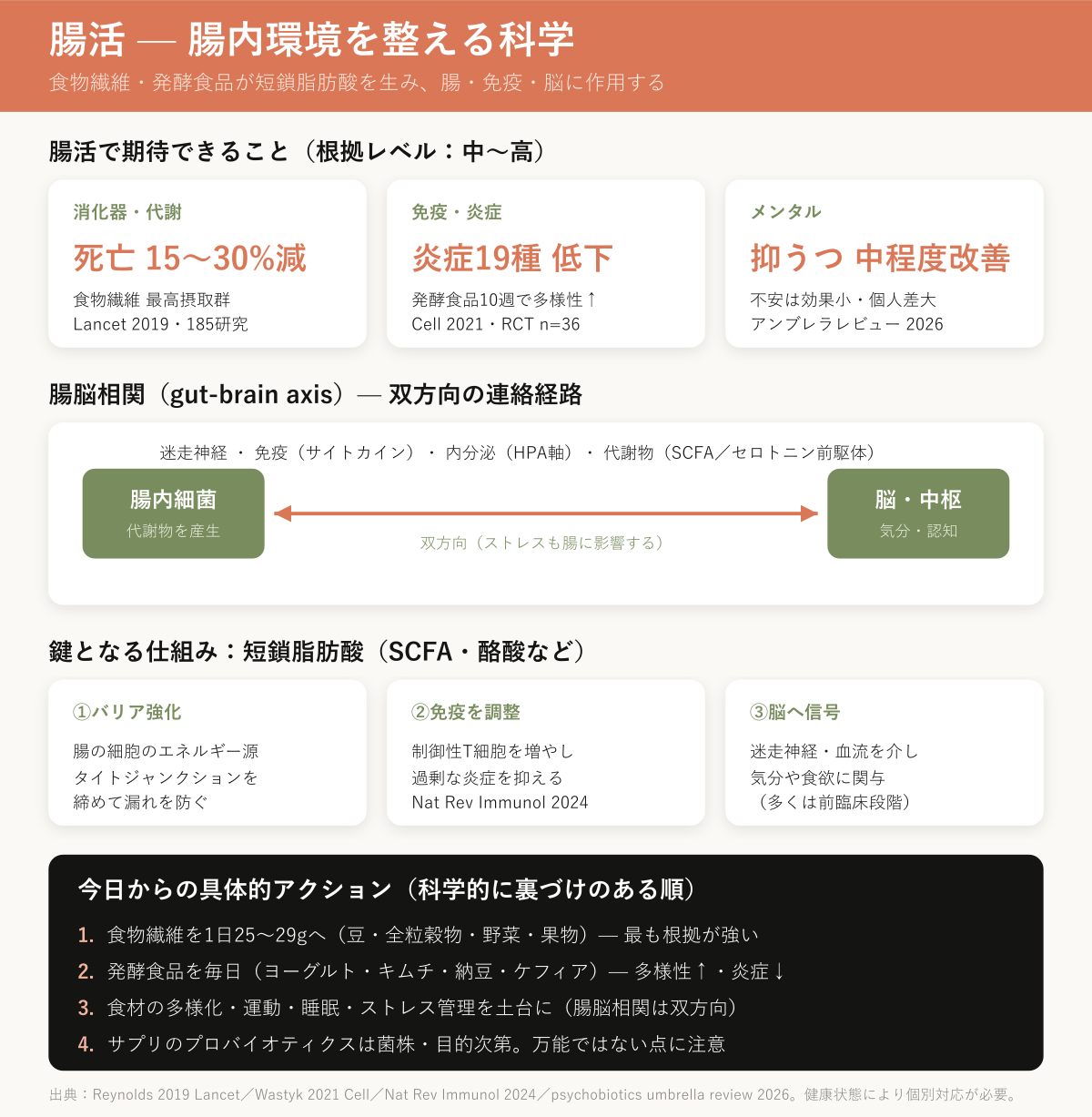腸活の科学 — 腸内環境・腸脳相関と有効な手段のインフォグラフィック