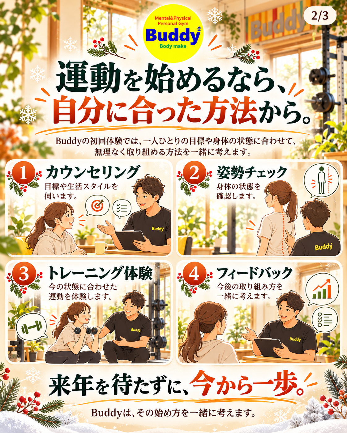 初回体験の流れ。カウンセリング、姿勢チェック、トレーニング体験、フィードバック。人物と施設のイラストはイメージです。