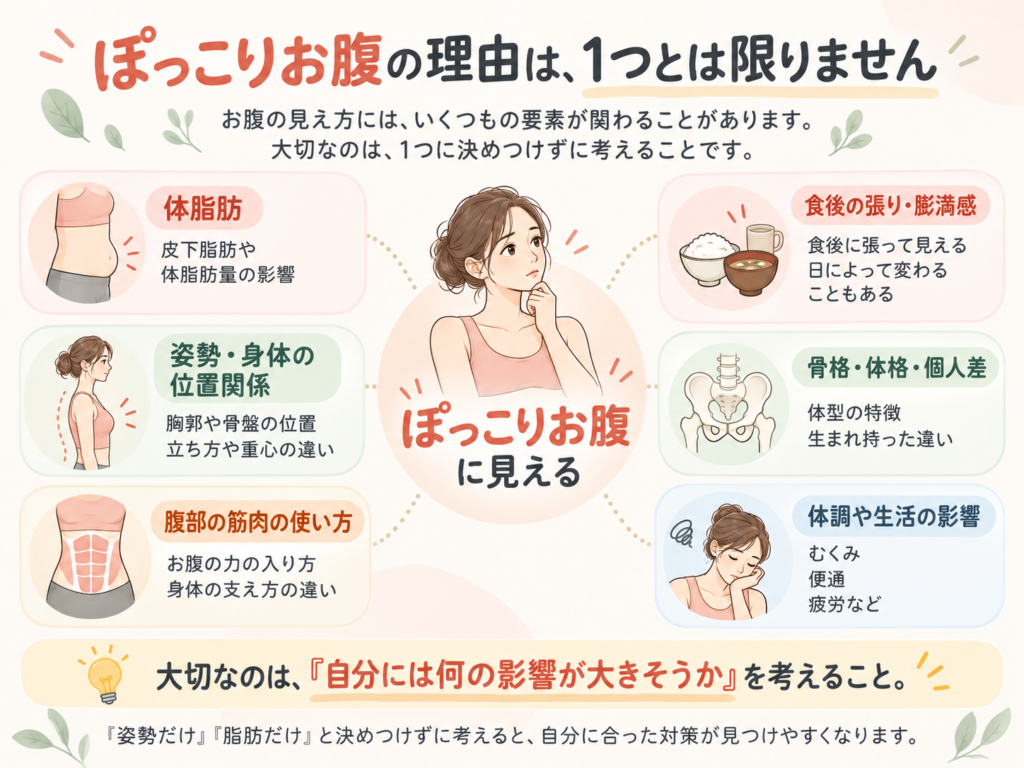 ぽっこりお腹の理由は1つとは限らないことを示す図解。体脂肪、姿勢、腹部の筋肉、食後の張り、骨格・体格、体調や生活の影響を整理